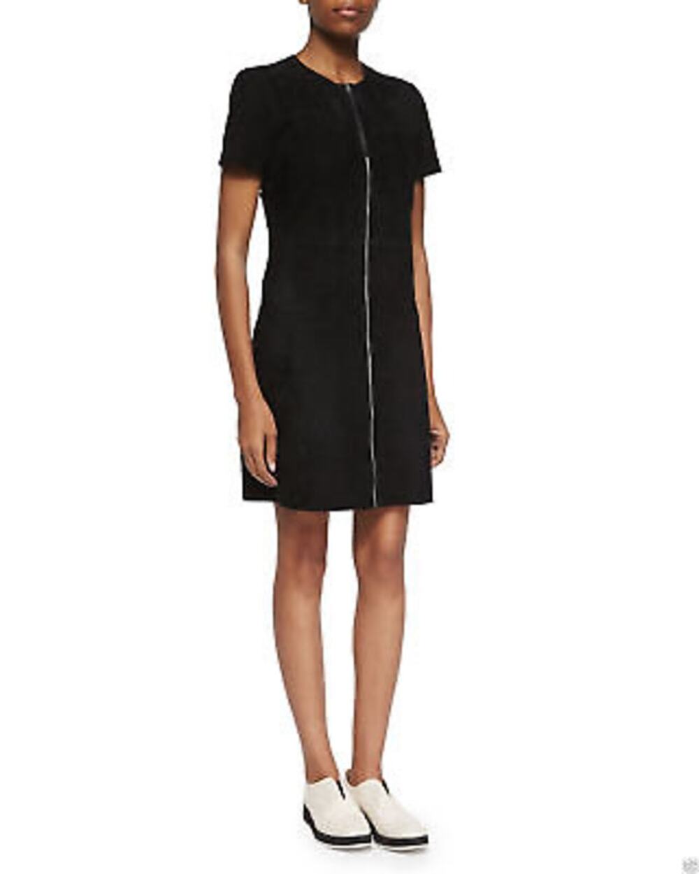 NEW Orb Life Faux Suede Full Front Zipper Short Sleeve Black Mini Dress Small